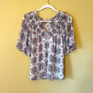 Loft Women's Green Red Floral Chiffon Top Short Sleeve V-Neck Lined Size Small